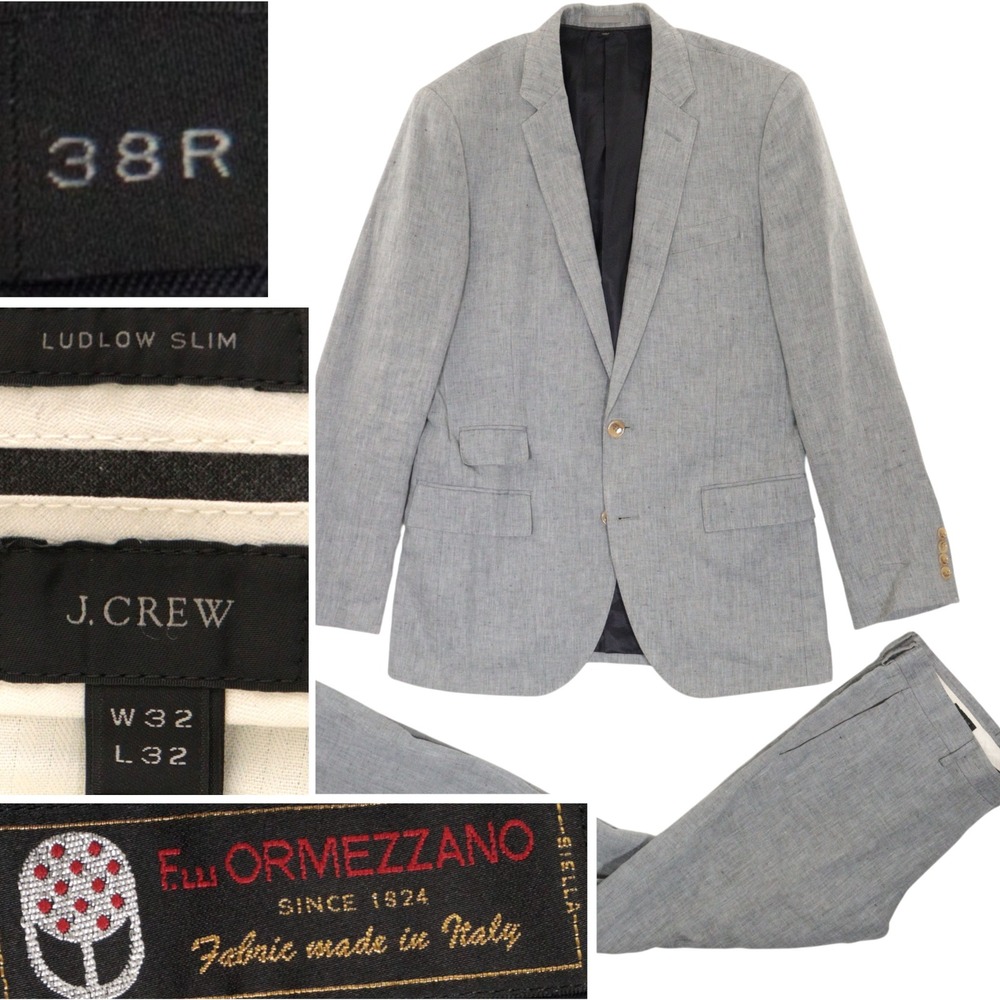 J.Crew Suit Ludlow Slim Ormezzano 100% Italian Linen Grey Men 38R 32x30 Trousers
